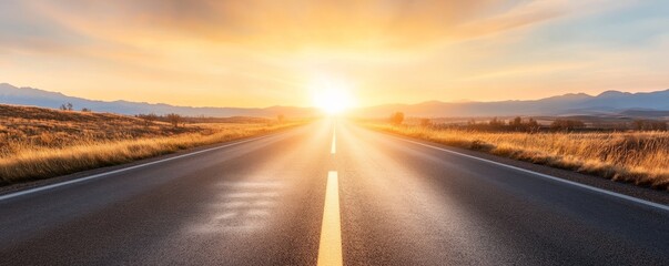 A breathtaking view of an empty road stretching toward a vibrant sunset, showcasing the beauty of nature and adventure waiting ahead.