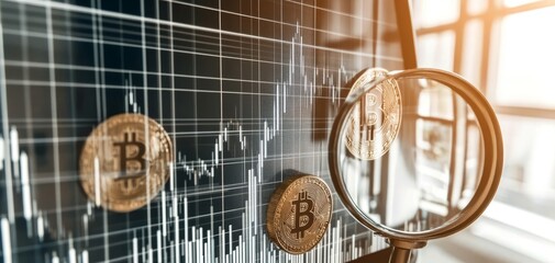 A close-up of a stock market chart showing Bitcoin coins, representing cryptocurrency investments and financial analysis.