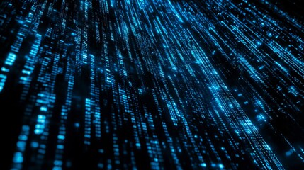 A close up of a blue and black background with binary code