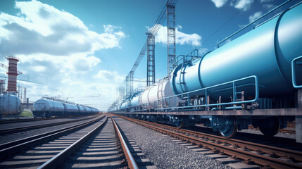 Obraz premium A train loaded with numerous tanks making its way along the railway tracks as it travels through the landscape
