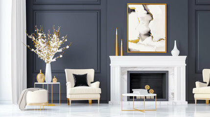 Living room with modern decor and elegant interior design featuring stylish furniture and artistic elements