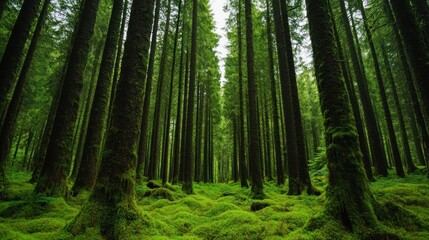 Obraz premium Sunlight filters through a dense canopy of tall trees, illuminating a carpet of rich green moss on the forest floor, creating a serene and peaceful atmosphere