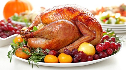 A perfectly golden-brown turkey rests atop a white platter, adorned with fresh herbs and vibrant fruits, ready to be served for a holiday feast