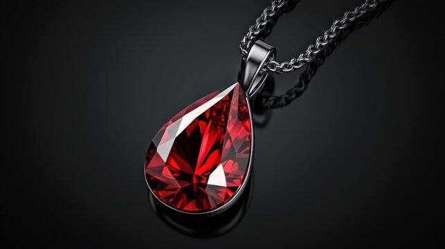 A striking red teardrop pendant hangs gracefully on a silver chain. The jewel captures light beautifully, reflecting vivid colors in a dark setting, highlighting its exquisite craftsmanship