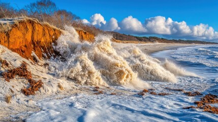 Powerful waves surge ashore, striking the sandy beach as the sun rises, illuminating the coastal cliffs with warm light and creating a stunning natural display