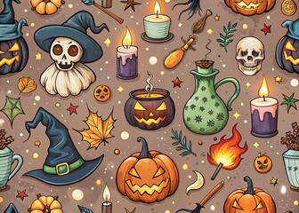 Halloween pattern. Hand drawn icons set. Seamless background. Holiday icons and attributes. Drawing, doodle. Poison preparation on a fire. Witchcraft potion. Wizard hat.