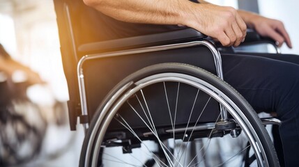 Obraz premium A person using a wheelchair moves through a bright, contemporary environment, showcasing the importance of accessibility and mobility in everyday life