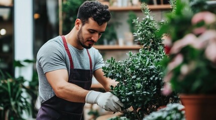 A young man with gloves carefully prunes a potted plant at a plant shop filled with greenery and colorful flowers, showcasing his passion for gardening and plant care