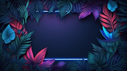 Colorful nature concept, Neon colorful of tropical leaves with neon frame. Neural network ai generated art