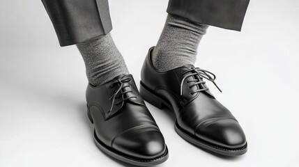 A man wearing a pair of black shoes and gray socks