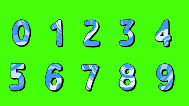 Set of animated signs of digits or numbers in stopmotion animation style hand drawn on green screen chroma key background