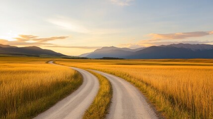 Fototapeta premium A winding dirt road meanders through a field of golden wheat, leading towards a majestic mountain range. The sun sets in the distance, casting a warm glow across the landscape. This image evokes feeli