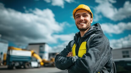 A construction worker wearing a yellow hard hat and a reflective vest stands proudly at a construction site, smiling against a backdrop of blue skies and fluffy clouds