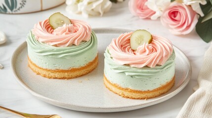 Two elegant pastel-colored mousse cakes topped with creamy whipped frosting and a slice of cucumber sit on a decorative plate, complemented by fresh flowers