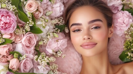 Surrounded by an array of soft pink roses and delicate blossoms, a woman exudes calmness and beauty, basking in the tranquility of a floral paradise during the day