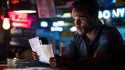 Obraz premium A man examines several documents carefully, surrounded by a vibrant backdrop of neon signs. The late-night atmosphere suggests a blend of urgency and contemplation in a bustling environment