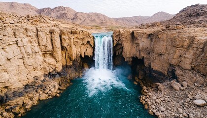 Massive waterfall crashing into a rocky pool in a desert wilderness, surrounded by arid cliffs and sparse vegetation Waterfall plunge wilderness, Desert oasis adventure