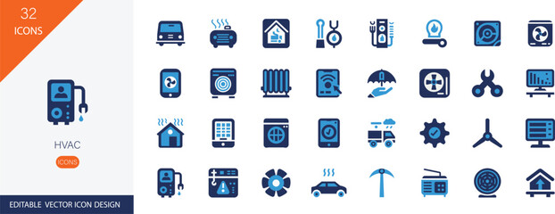 HVAC icon set. Containing ventilation, cold, conditioner, air, hot, temperature, refrigerant, fan and more illustration.