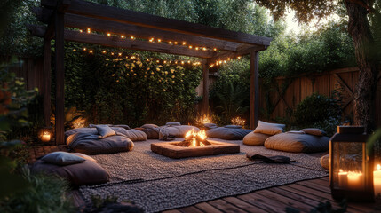 Fototapeta premium cozy outdoor gathering space featuring warm fire pit surrounded by soft cushions and ambient lighting. This serene setting invites relaxation and connection with nature