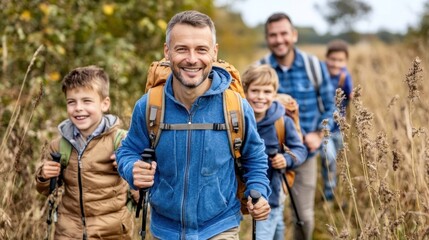 Fototapeta premium A group of four, including an adult and three children, hike through a sunlit forest filled with autumn foliage, smiling and enjoying their outdoor adventure together