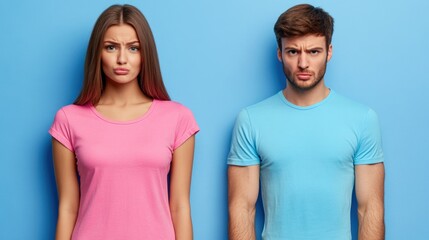Fototapeta premium A woman wearing a pink shirt and a man in a blue shirt stand side by side, showcasing differing facial expressions that highlight their emotions against a bright, solid background