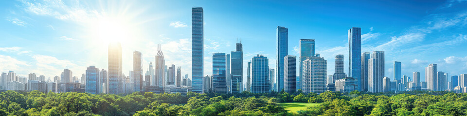 Fototapeta premium panoramic view of modern smart city skyline with lush greenery in foreground, showcasing blend of nature and urban architecture under bright blue sky