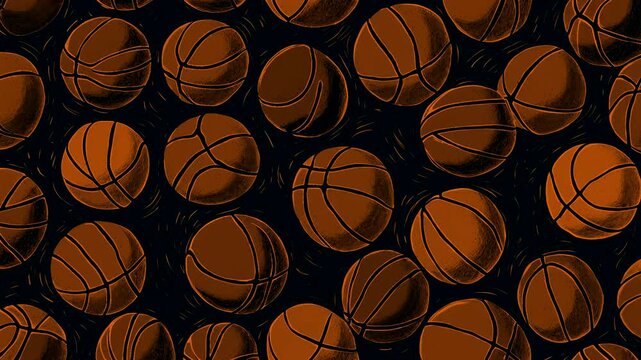Stop motion loop hand drawn animation, black background with multicolored basketball balls in different sizes