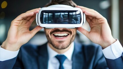 A smiling man wearing a suit tests out a virtual reality headset in a sleek office setting, showcasing his enthusiasm for new technology while immersed in digital experiences