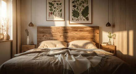 Modern bedroom with cozy decor and natural light