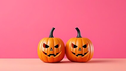 Pumpkins with spooky jack-o'-lantern faces set against a pink background, creating a fun and festive Halloween vibe