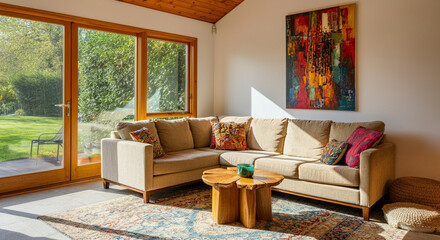 Obraz premium Living room furniture with modern design and colorful cushions in a bright space