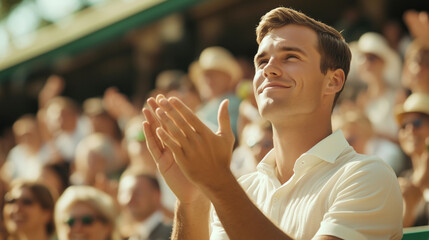 Enthusiastic spectator applauding at a tennis match
