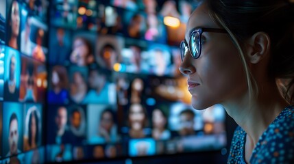 Beautiful young woman in glasses against the background of TV screens