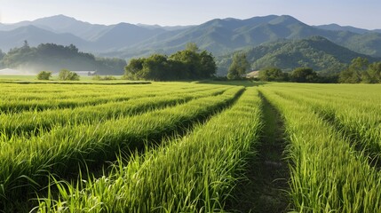 Fototapeta premium Beneath the gentle morning sunlight, vibrant rice plants grow in neat rows across a tranquil landscape, with mountains creating a picturesque backdrop