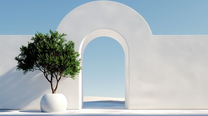 A sleek, white archway frames a single potted tree in a minimalist outdoor area. The design emphasizes simplicity with a clear blue sky above and smooth surfaces around