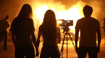 Fototapeta premium In the darkness of night, three people stand side by side, holding hands, as they gaze at a roaring fire that consumes a car, with a camera set up nearby to capture the moment