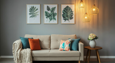 Sofa in modern living room interior design with decorative plants and cozy elements