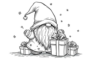 Christmas Happy gnome coloring page for children. Merry Christmas Black and white  illustration for coloring book.
