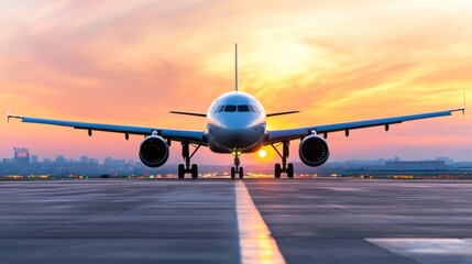 Obraz premium An airplane sits on the runway as the sun sets, casting colorful hues across the sky while a city skyline looms in the distance, creating a picturesque travel scene