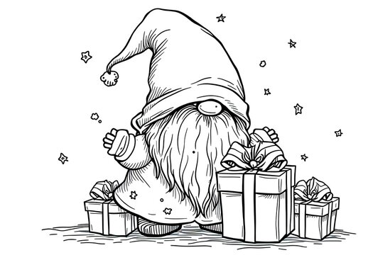 Christmas Happy gnome coloring page for children. Merry Christmas Black and white  illustration for coloring book.