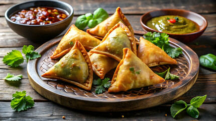 Traditional South Asian snack, samosas, garnished with fresh mint leaves and served on a rustic plate.