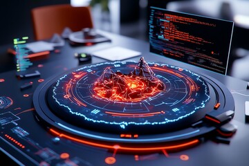 Interactive 3D model of a cyber-attack, with digital elements like firewalls, encryption, and breach points displayed in a virtual environment for exploration