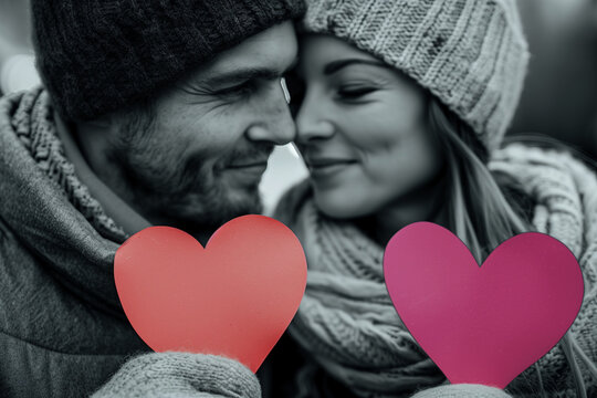 Monochrome portrait of a happy young couple holding up hearts. They are wearing warm woolen clothes and beanies.