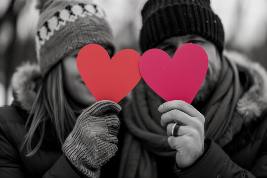 Monochrome portrait of a couple holding up hearts and hiding their faces. They are wearing warm woolen clothes and beanies.