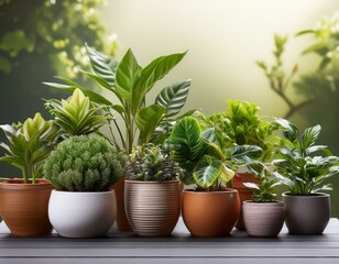 Fototapeta premium Potted home plants front view, home gardening concept