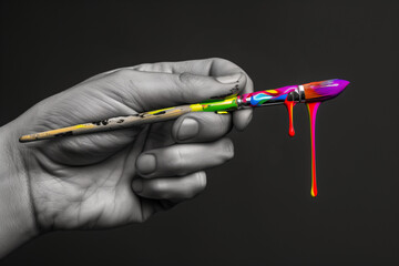 Monochrome photo of a hand holding a paintbrush dripping with colorful paint. Dark background with copy space.