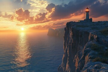 A lone lighthouse stands on a cliff overlooking a tranquil ocean during sunset.
