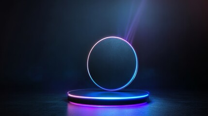 A futuristic, abstract podium with glowing neon lights in blue and pink, symbolizing innovation, technology, creativity, presentation, and display.