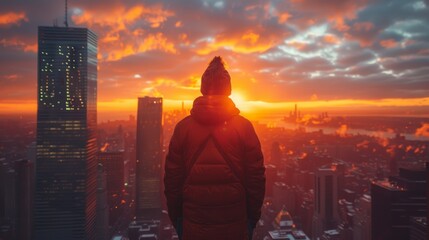 Man look at the skyscraper under sunset 