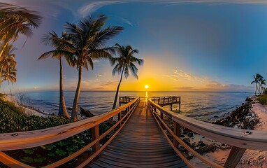 Fototapeta premium Wooden walkway leading to the sea with palm trees at sunset